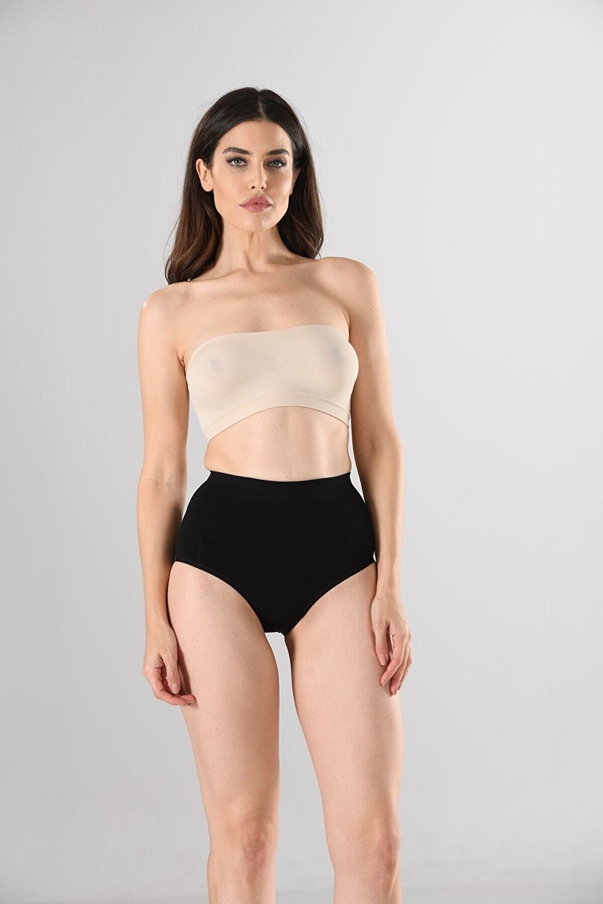 Miss Fit Kadın Siyah Dikişsiz Yüksek Bel Silikon Şerit Bel Detaylı Slip Külot Korse Inceltici Örme 33635 Siyah - S/M