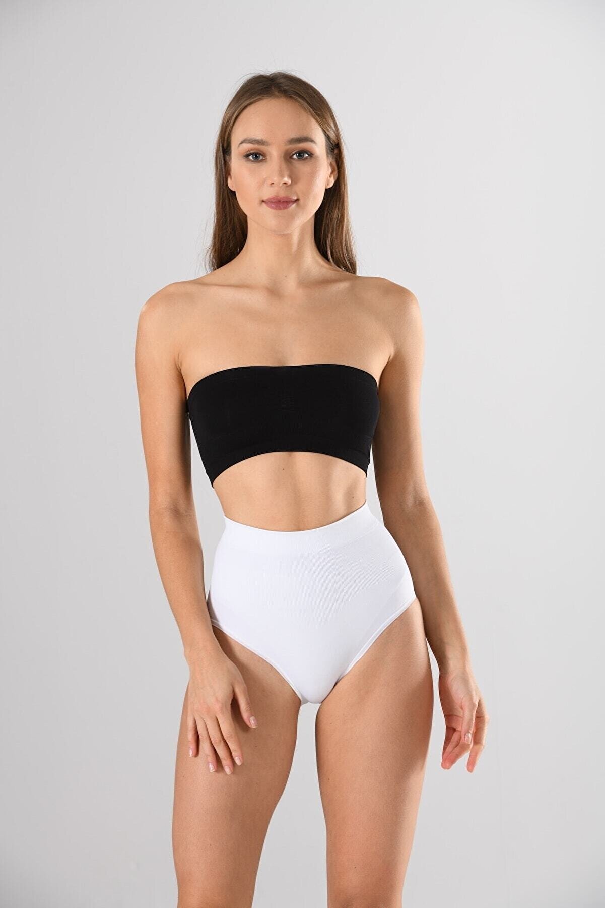 Miss Fit Kadın Siyah Dikişsiz Yüksek Bel Silikon Şerit Bel Detaylı Slip Külot Korse Inceltici Örme 33635 Beyaz - M/L