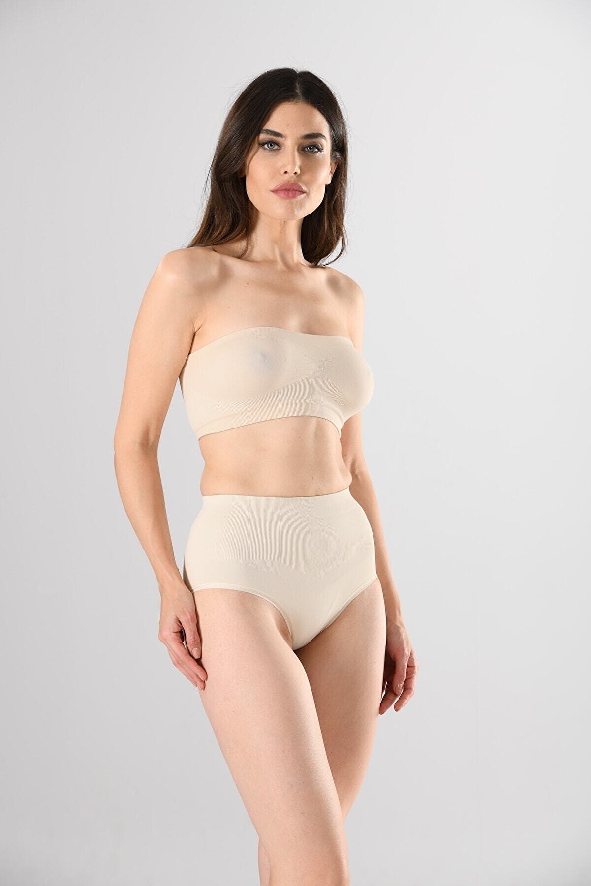 Miss Fit Kadın Siyah Dikişsiz Yüksek Bel Silikon Şerit Bel Detaylı Slip Külot Korse Inceltici Örme 33635 Ten Rengi - M/L