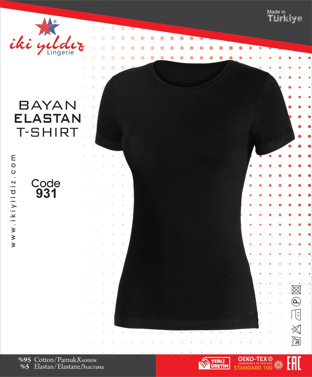 İki Yıldız Kadın Likralı Tişört 931 XL - Siyah