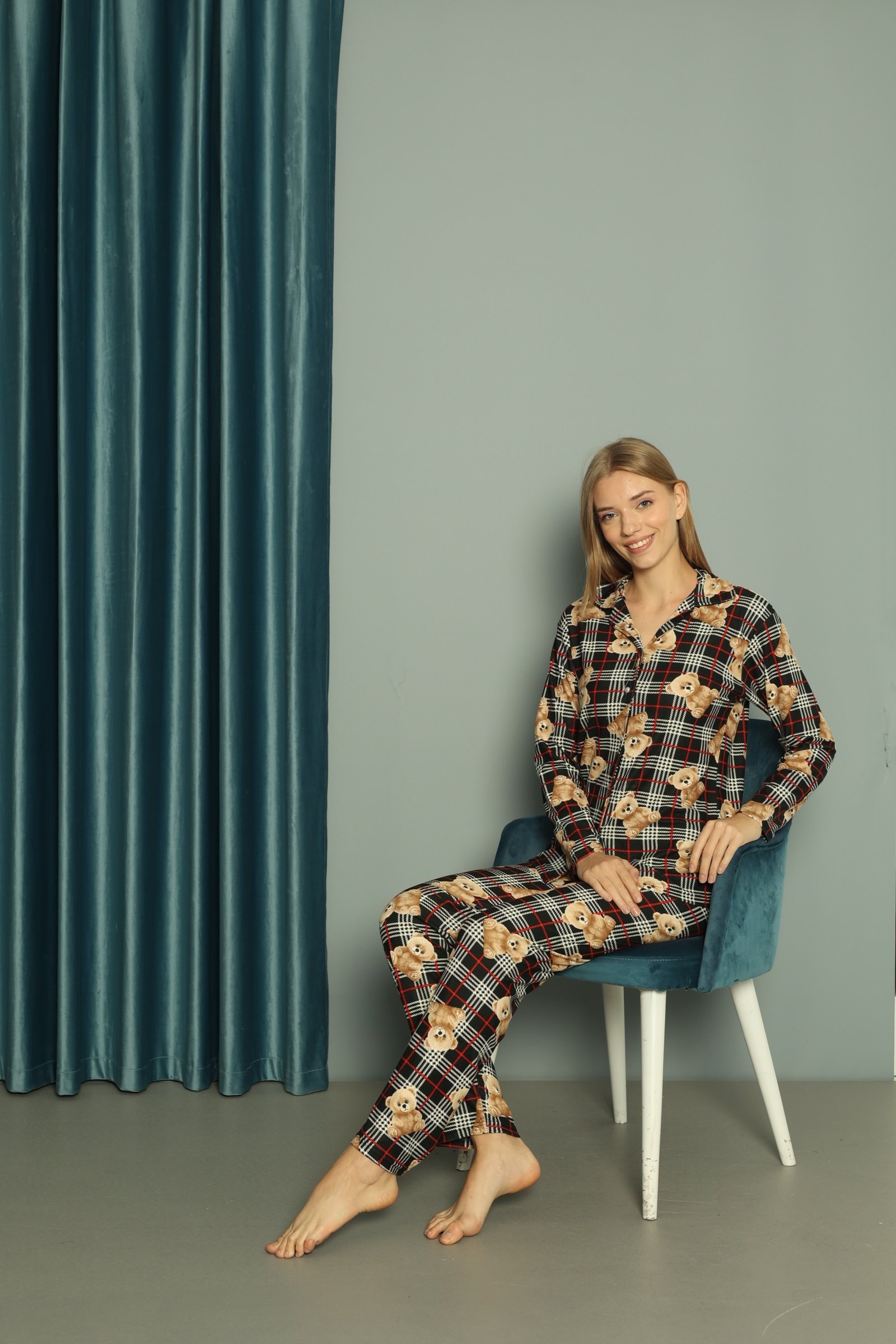 Işılay Kadın Boydan Düğmeli Süet Pijama Takım 0217