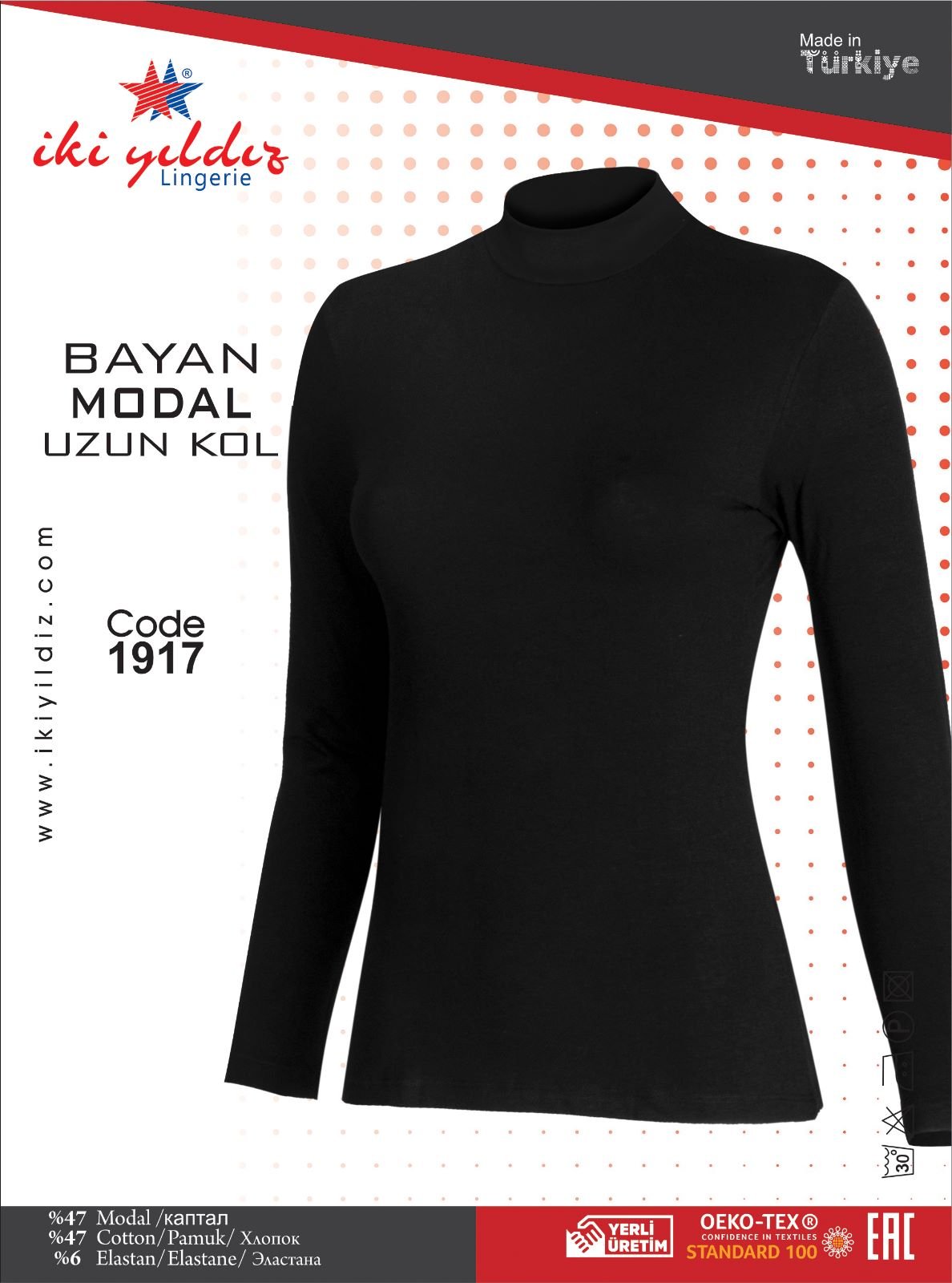 İki Yıldız Kadın Boğazlı Uzun Kol Body 1917 XL - Siyah