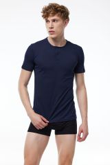 Erkek Lacivert Düğmeli Yaka İnce Modal Yaz Serinliği T-Shirt 083