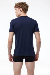 Erkek Lacivert Düğmeli Yaka İnce Modal Yaz Serinliği T-Shirt 083