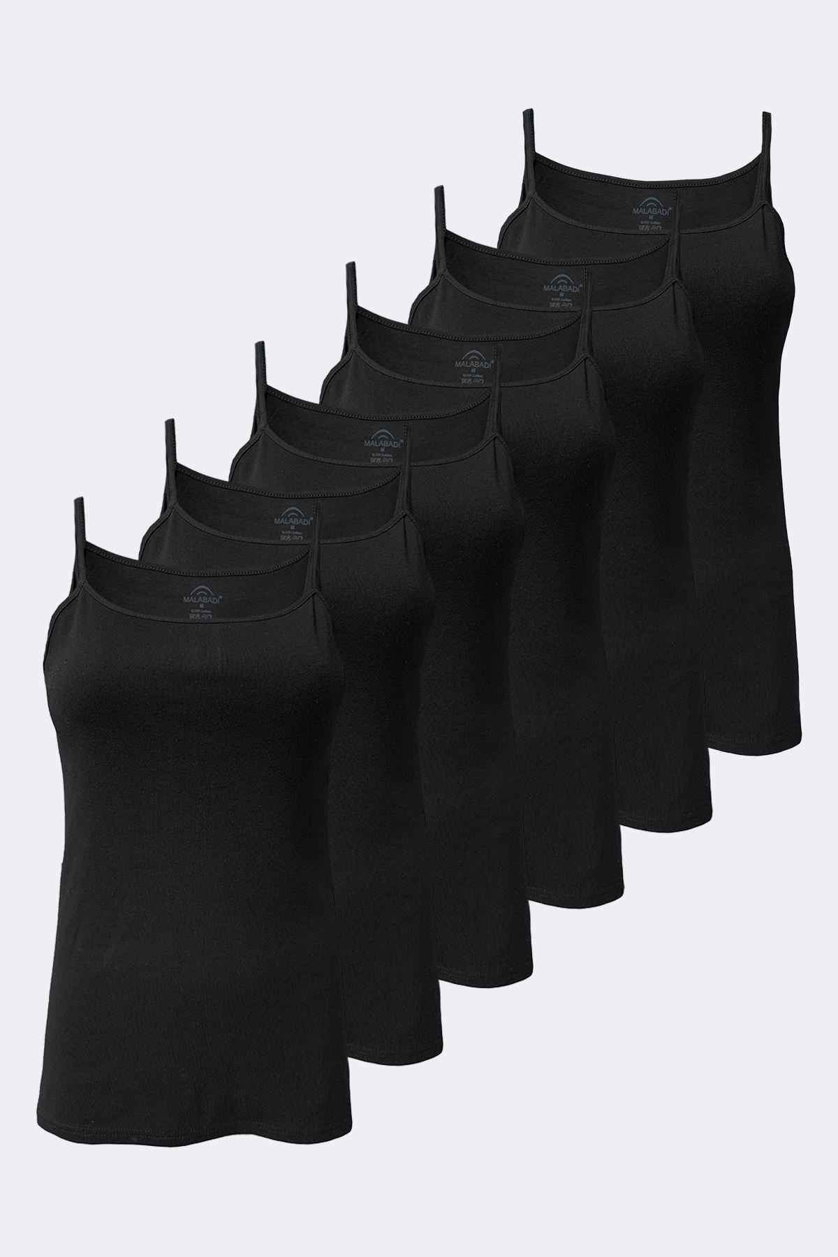 Malabadi Kadın Siyah Beyaz Ten 6 Lı Paket %100 Pamuk Ribana İp Askılı Atlet 105-E 3XL - Siyah