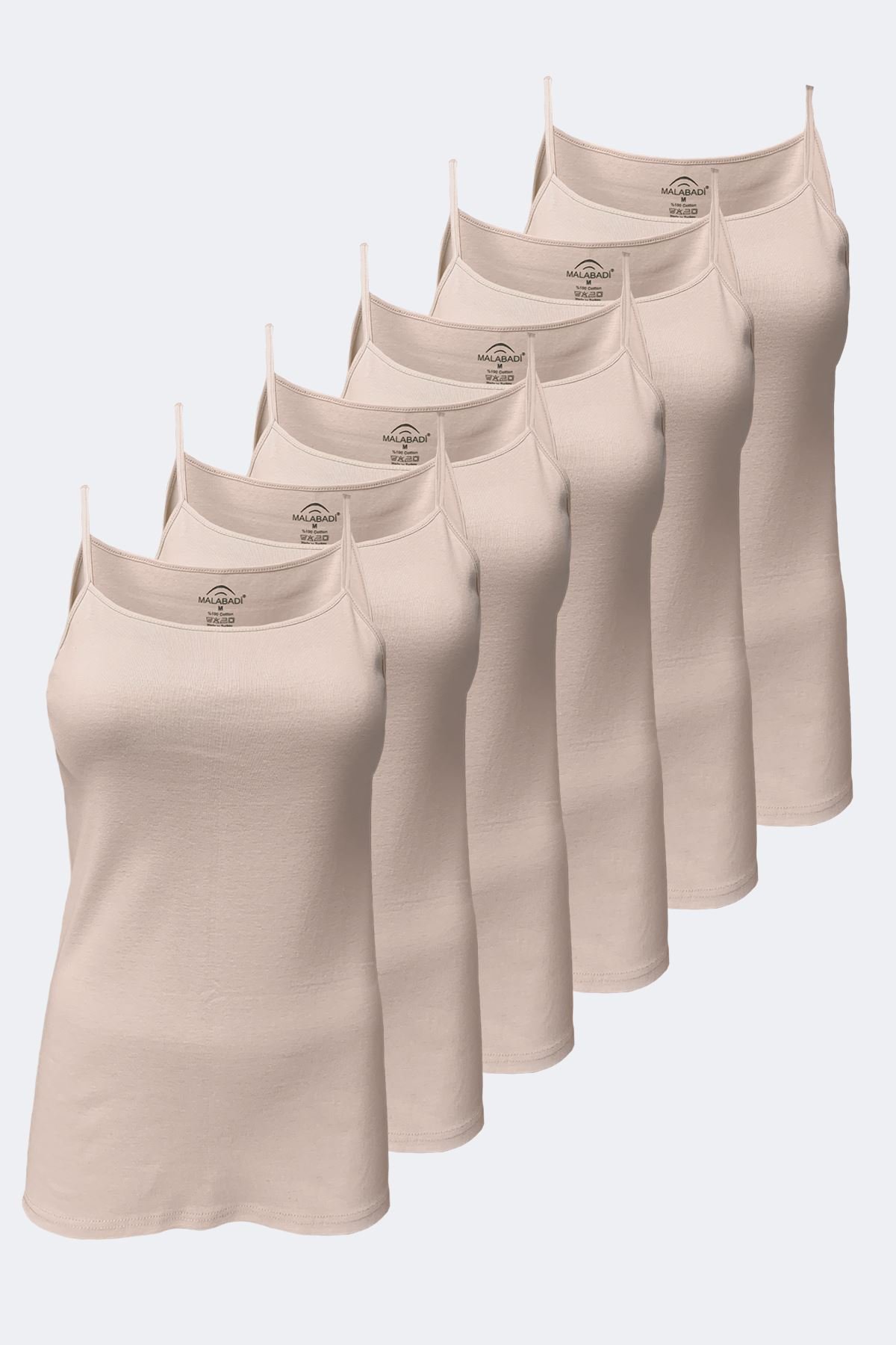 Malabadi Kadın Siyah Beyaz Ten 6 Lı Paket %100 Pamuk Ribana İp Askılı Atlet 105-E XL - Ten Rengi