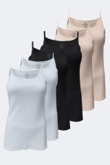 Malabadi Kadın Siyah Beyaz Ten 6 Lı Paket %100 Pamuk Ribana İp Askılı Atlet 105-E XXL - Siyah-Beyaz-Ten