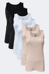 Malabadi Siyah Beyaz Ten Kadın 6 Lı Paket %100 Pamuk Ribana Kalın Askılı Atlet 106-E L - Siyah-Beyaz-Ten